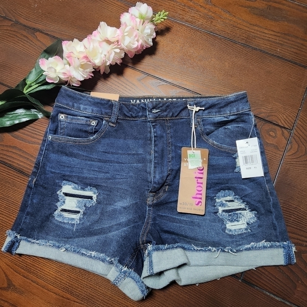 High Rise Ripped Denim Shorts Size 11 Distressed Cutoff Jean Shorts Pockets